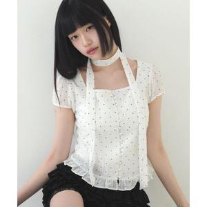 일리고 ILLIGO 리본 타이 스퀘어넥 블라우스 화이트 도트