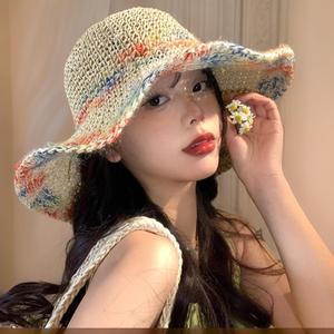 여성 밀짚 레인보우 털실짜임 모자 버킷햇