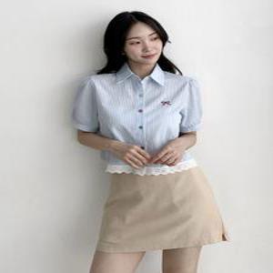 레이스 자수 리본 반팔 남방 여름용 캐주얼 면 100% 스트라이프 셔츠