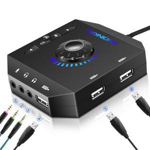 T10 외장 사운드 카드, PC Windows, Mac, Linux, 노트북, 데스크탑용 PHOINIKAS USB 오디오 어댑터, 3.5mm 인터페이스 및 인터페이스가 있는 스테레오 볼륨 조절, 플러그 앤 플레이(6-in-1, 검정색)