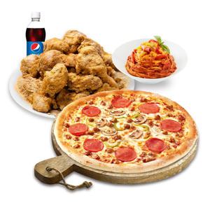 [피나치공] 뿌리공순살피치세트M(콤비네이션피자M+뿌리공치킨(순살)+스파게티+콜라500ml)