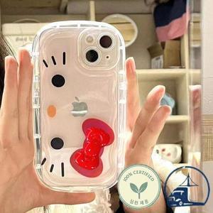 헬로 키티 페이스 레드 보우 스트랩 팻 폰 iPhone 16 Pro Max XR MAX 7 8Plus MINI Y2K Girl Kawaii Cover