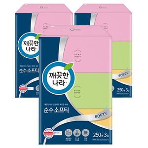 깨끗한나라 순수 소프티 먼지없는 미용 각티슈 사각 곽 갑 티슈 휴지 250매 3입 3개