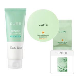 김정문알로에 큐어 아쿠아 마일드 쿨링 선쿠션+리필 세트, 1개 + 수딩젤 150ml, 1개 + 증정 (리알로에 피토 그린 앰플 마스크 30ml, 1매 )