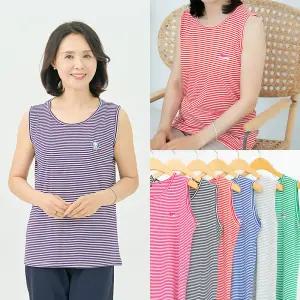 마미소 스트라이프 민소매 줄무늬 여름 시원 심플 면 티셔츠 엄마 할머니 빅사이즈 40 60 마담 중년 여성 옷