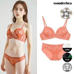 [원더브라] [푸쉬업 몰드/오일패드/노와이어] 플라워 패턴 레이스 브라 팬티 세트_살몬