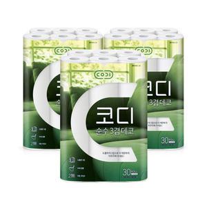 코디 롤화장지 순수3겹데코 30롤 30mx3팩