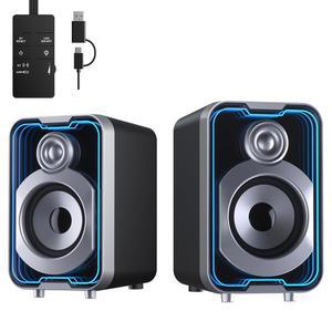SOULION 2.0 컴퓨터 스피커 데스크탑용 컨트롤 포드가 장착된 10W USB 구동 블루투스 유선 PC 모니터 노트북용 5가지 미러형 LED 조명 모드가 작은 책상 사운드바 블랙