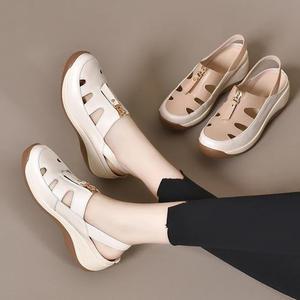피카소 폭신 편안한 여성용 키높이 통풍 수제 가죽 지퍼 샌들