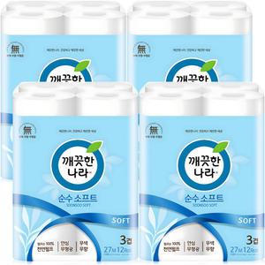 깨끗한나라 데코 순수 소프트 화장지 3겹 27m 12롤 4팩
