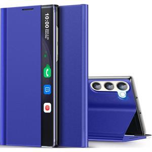 삼성 갤럭시 S25 플러스 케이스 뷰 클리어 스마트 윈도우, 킥스탠드, 럭셔리 플립 슬림 미러 하드 PC 가죽 윈도우 커버 5G 폰 블루