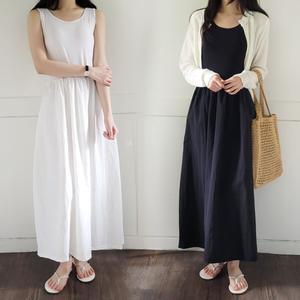 민소매 바스락 나시 면 배색 레이어드 롱 원피스 a918
