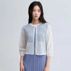 네트 배색 크롭 니트 가디건_EKCDM125004