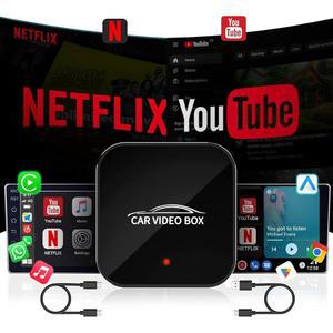 YouTube가 포함된 무선 카플레이 어댑터, 2025 어댑터 및 Android Auto 동글 설정이 간편함, 5GHz WiFi, 비디오 박스를 스트림으로 차량으로 변환