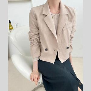 여자 린넨 더블 카라 긴팔 크롭 숏 자켓 코디 룩
