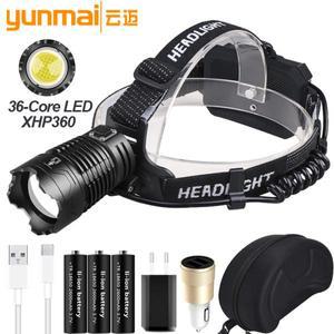XHP360 슈퍼 브라이트 LED 헤드램프 줌 가능 파워뱅크 36 코어 헤드라이트 USB 충전식 26650 배터리 헤드