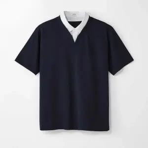 [하프클럽/에스티코]우븐 카라 레이어드 반팔 티셔츠 네이비 (세미오버핏) STSVB01