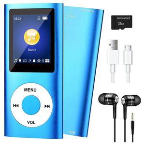 블루투스 5.0 MP3 플레이어 32GB TF 카드 음악 FM 이어폰 휴대용 HiFi (파란색)