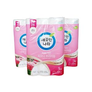 깨끗한나라 허브가든 피오니 프리미엄 3겹 롤 화장지 30롤 3팩