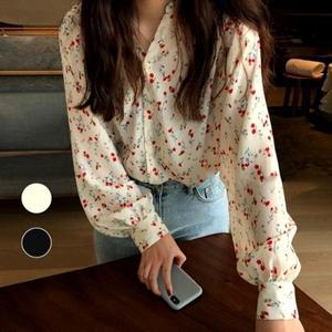 러블리 쉬폰 블라우스 꽃무늬 퍼프 긴팔 봄가을