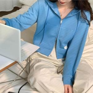패션 트렌디 투웨이 후드 집업 크롭 숏 여성 코디