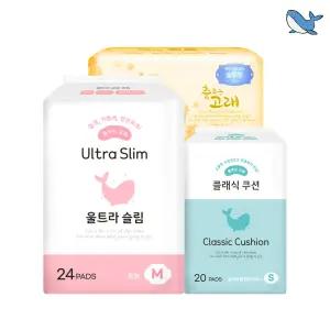 [알뜰기획] 춤추는고래 대용량 생리대 중형 1팩 + 날개 롱라이너 1팩 + 슬림 라이너 1팩 /총84매