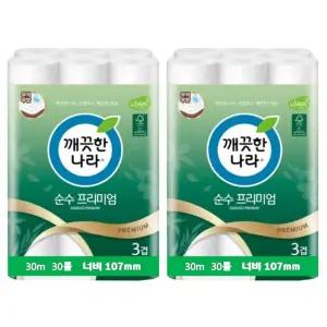 깨끗한나라 3겹 순수프리미엄 무형광 천연펄프 롤화장지 30m 30롤x2팩