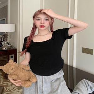 노란계열 반팔 티셔츠 순욕 스퀘어넥 슬림핏 레깅스 복