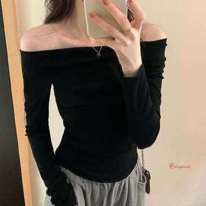 슬림핏티셔츠 긴팔 입술 립라인 오프숄더 꾸안꾸 하객룩 데일리티 어깨트임티 모임룩yza801