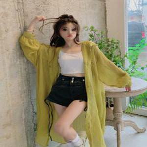 보헤미안 스타일 민소매 나시 티셔츠 하프 후드 셔츠 여하 얇은 자외선 차단 카디건