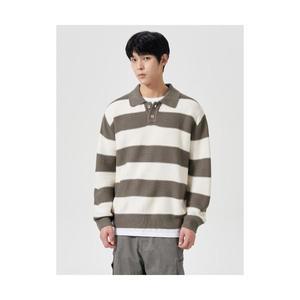 (백화점 정품) 8SECONDS 양두 조직 보더 스트라이프 니트 카키 650082