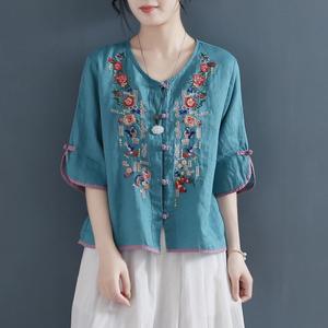 청담룩 미시 편안한 에스닉 자수 셔츠 2022 빈티지 버튼 칠부소매 셔