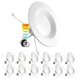 LUXRITE 5인치 LED 오목 레트로핏 다운라이트, 14W=90W, CCT 색상 선택 가능 2700K | 3000K 3500K 4000K 5000K, 디밍 캔 라이트, 1100루멘, 습식 정격, 에너지 스타, 배플 트림(12팩)