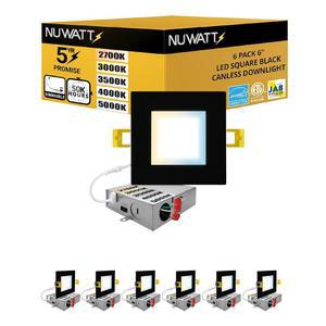 NUWATT 6팩 6인치 정사각형 초박형 LED 오목 조명, 선택 가능한 2700K /3000K /3500K /4000K /5000K, 고휘도 1050루멘, 조광성 블랙 슬림 웨이퍼 라이트, IC 등급, 금속 정션 박스