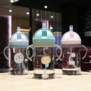 어린이 물 시피 컵, 누수 방지 물컵, 손잡이 어깨 스트랩, 중력 공 빨대, 물병, 350ml