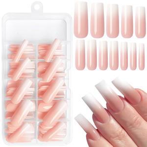 애드페이버 120pcs 네일 롱스퀘어 페이크 옴브레 화이트 핑크 프렌치 여성용 스퀘어 글로시 아크릴 프레스
