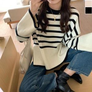 단가라 시보리 데일리 1P 니트 긴팔 옆트임 포인트 티