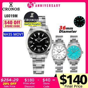 Cronos EX 기계식 남성용 시계 36mm NH35 자동 사파이어 글라스 부시드 팔찌 10ATM L6019