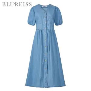 V넥 벌룬 소매 데님 오픈 원피스_BI5M1OP3091