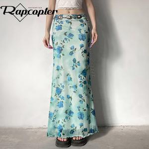 Rapcopter 꽃무늬 빈티지 롱 스커트 로우 웨이스트 활 트림 도블루 레이어 보헤미안 미디 비치 홀리데이 의상 y2k