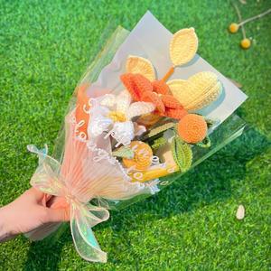 선물 있는 드리는 수제 조모데코 크로셰 축하 데코 인조 튤립 발렌타인 행사 정교한 니트 꽃다발 여성에게 엄마 혼합 랩이 어버이날 영원한 여자친구 오렌지