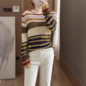 EAMT 여자 봄 니트 스트라이프 라운드 패치 입체 펀칭 린넨 EUNG1