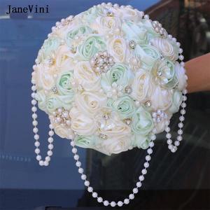 JaneVini 맞춤형 라이트 그린 신부 꽃 럭셔리 크리스탈 부케 인공 새틴 장미 진주 웨딩 가짜