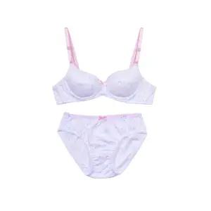 몸에 맞게 잘 설계된 핑크끈 포인트 3단계 A컵 주니어 브라팬티세트학생런닝 10대 용런닝 초등 속옷 여아