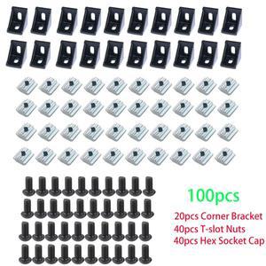 100pcs 2020 알루미늄 프로파일 커넥터 세트 20pcs 코너 브래킷 + 20 시리즈 M5 T-슬롯 너트 M5x8mm 육각