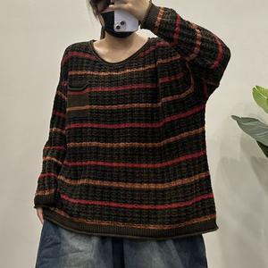 엘럽 여자 가을 니트 빈티지 루즈핏 스트라이프 라운드 풀오버 원템3