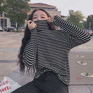 여자 터틀넥 목 긴팔 고품질 스타일 스트라이프 루즈 고품질목yza566