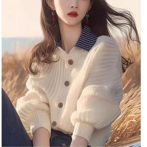 엘럽 여자 가을 니트 화이트 배색 스트라이프 터틀넥 루즈핏 슬림핏 숏 원템3