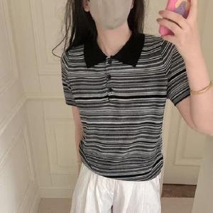 여자 봄 니트 양털 여름 반팔 터틀넥 스트라이프 탑 원픽1