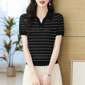 여성 고급세련핏 봄 니트 여름 스트라이프 터틀넥 반팔 티셔츠 라이셀 얇은 상의 인기1